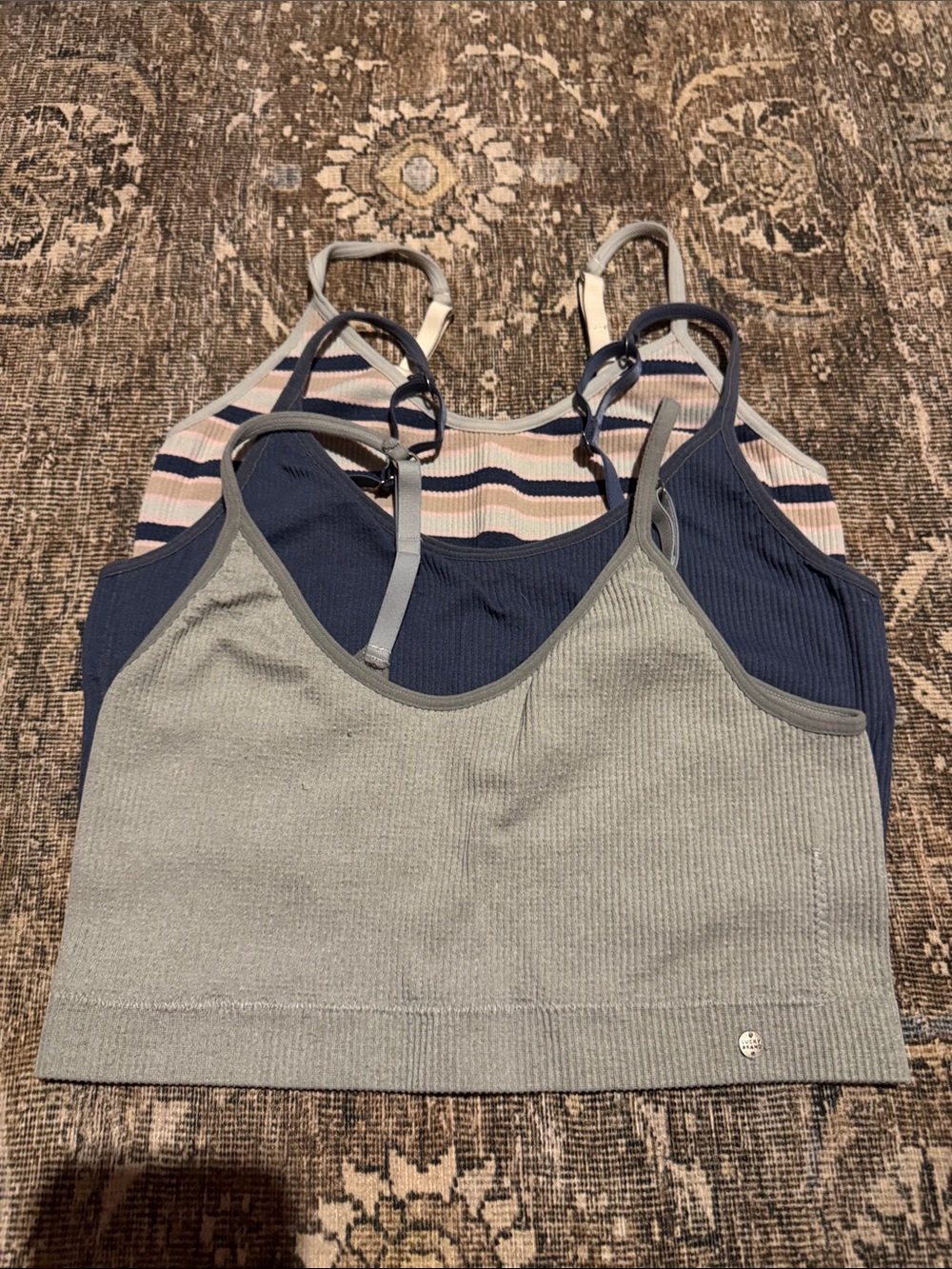 Lucky Brand Ribbed Bralette Trio - Light Gray, Navy & Striped Pink/Gray - Size X